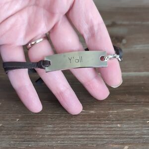 Brown Leather Y'all Bracelet with Silver Plate